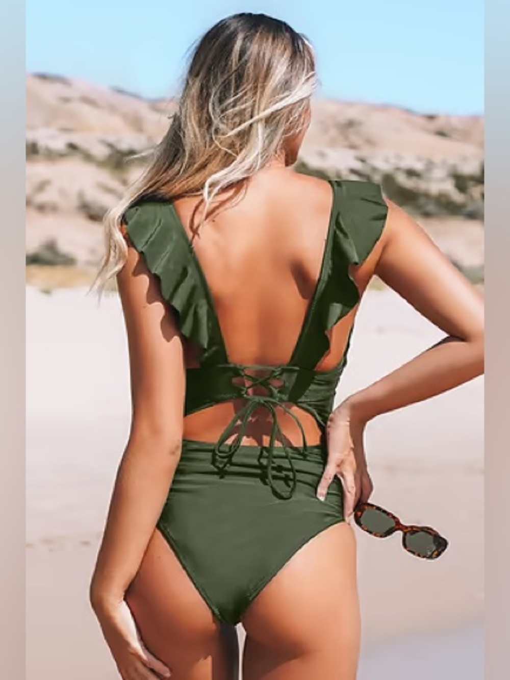 Cupshe Ruffled V-Neck Tummy Control One-Piece Swimsuit in Olive Green. Size M - Picture 12 of 12